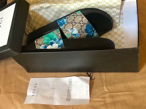 blue blossom gucci slides|Gucci floral slides size 8.